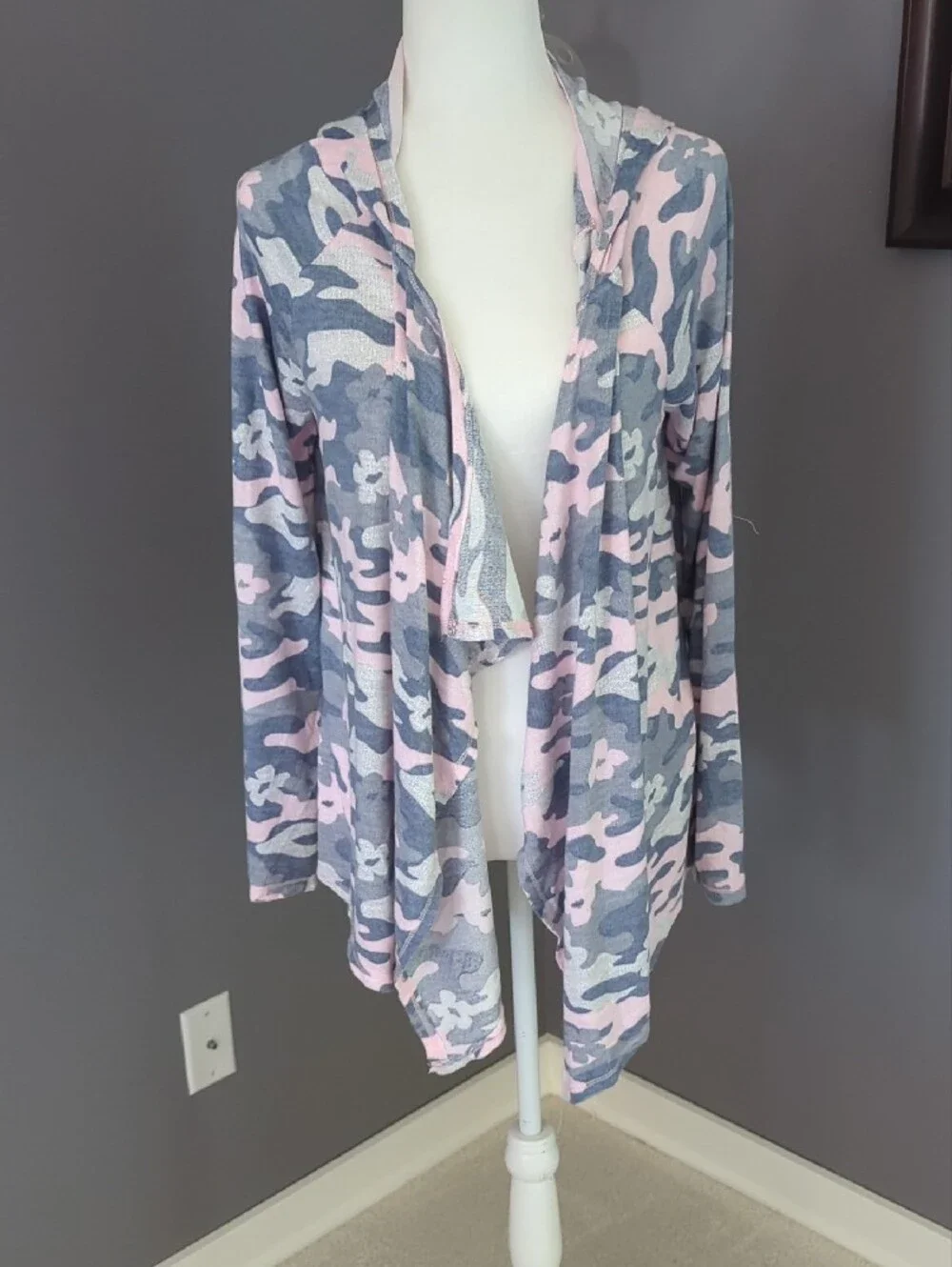 Pink And Grey Camo Three-Piece Women’s Pajama Set with Tank, Shorts & Hoodie